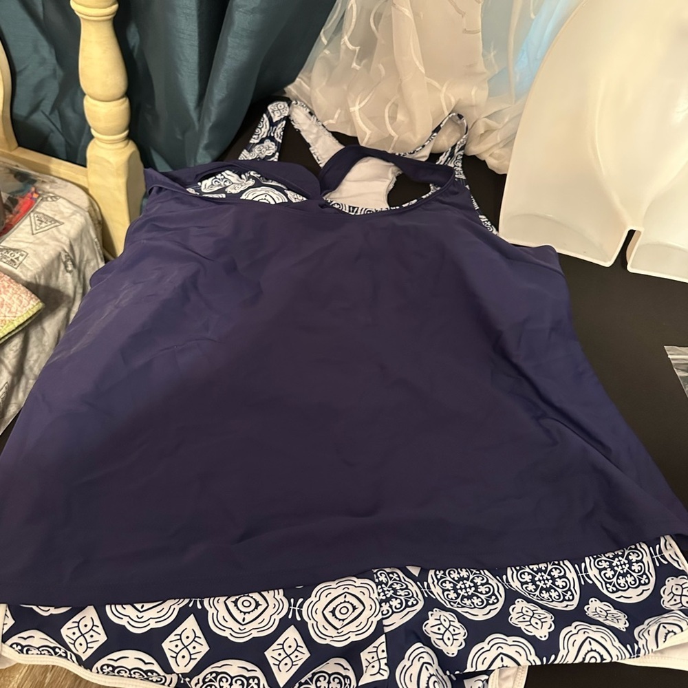 Navy and White Sport Swim Set with Solid Blue Razor Back Tank Cover Shirt - Picture 3 of 16